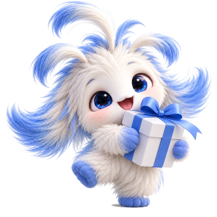 Cheerful fluffy mascot holding a gift box