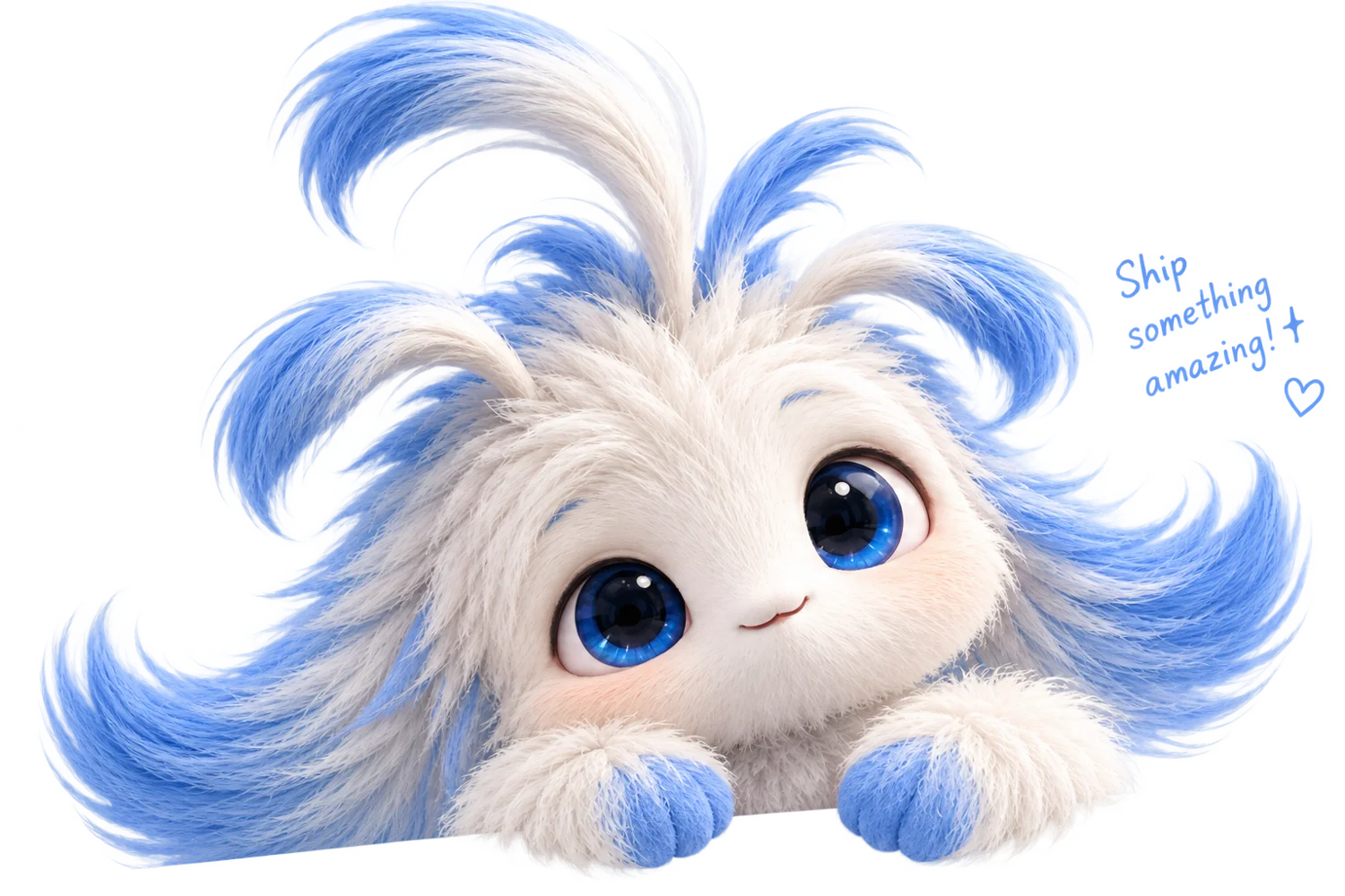 Fluffy white and blue mascot peeking over the edge, with the note “Ship something amazing!”